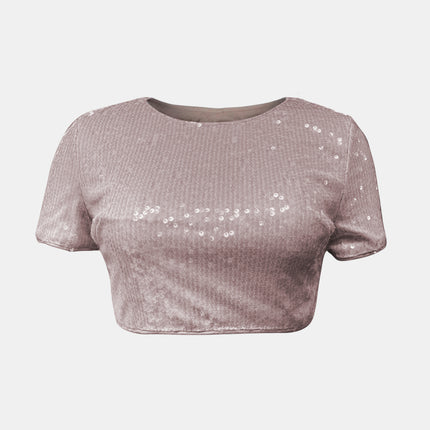 Sequin Round Neck Short Sleeve T-Shirt