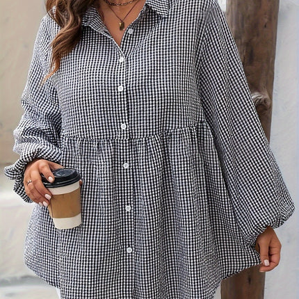 Plus Size Plaid Collared Neck Long Sleeve Shirt