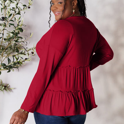 Double Take Half Button Long Sleeve Ruffle Hem Blouse