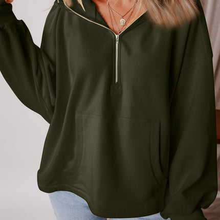 Pocketed Half Zip Dropped Shoulder Hoodie