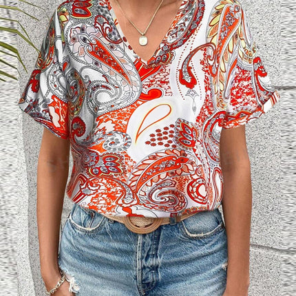 Printed V-Neck Short Sleeve Blouse