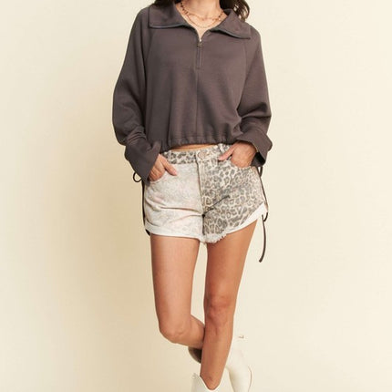 Davi & Dani Drawstring Hem Half Zip Raglan Sleeve Sweatshirt