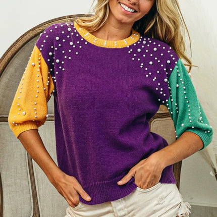 BiBi Color Block Pearl Detail Round Neck Sweater