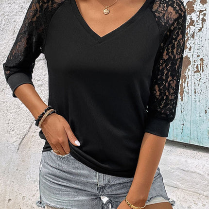 Double Take V-Neck Spliced Lace Raglan Sleeve Top