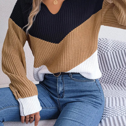 Autumn Winter Color Contrast Women's Sweater Casual Knitted Long Sleeve Top Fashion V-neck Pullovers Loose New In Knitwears 2023