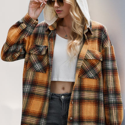 Drawstring Plaid Long Sleeve Hooded Shacket