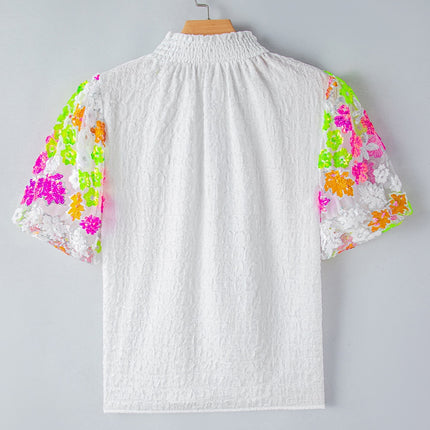 Sequin Flower Mock Neck Half Sleeve Blouse