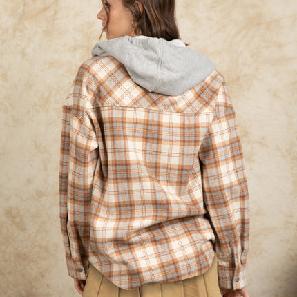 Drawstring Plaid Long Sleeve Hooded Jacket