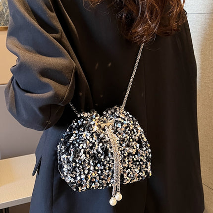 Sequin Chain Drawstring Bucket Bag