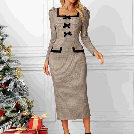 Bow Plaid Square Neck Puff Sleeve Dress