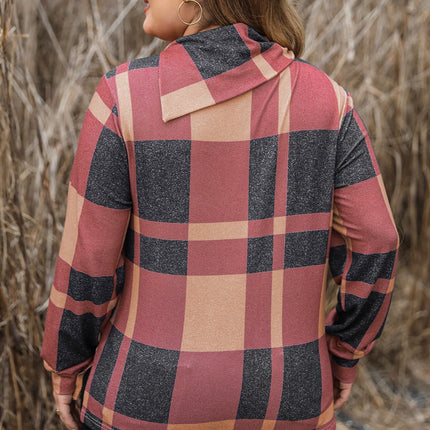 Plus Size Plaid Cowl Neck Long Sleeve Sweatshirt