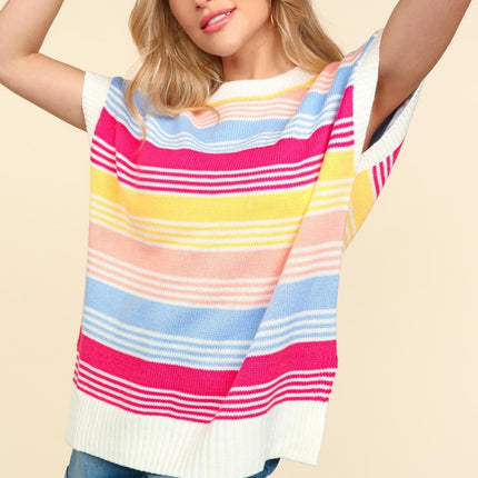 Haptics Striped Side Slit Short Sleeve Knit Top