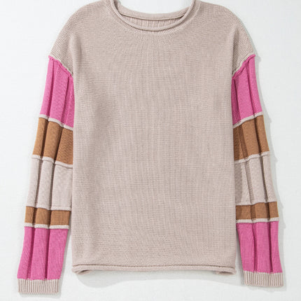 Color Block Round Neck Long Sleeve  Sweater