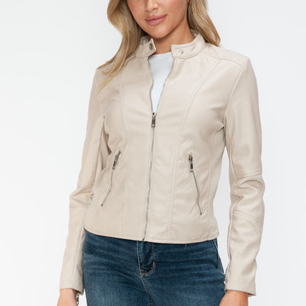 Snobbish PU Leather Zip Up Jacket with Pockets