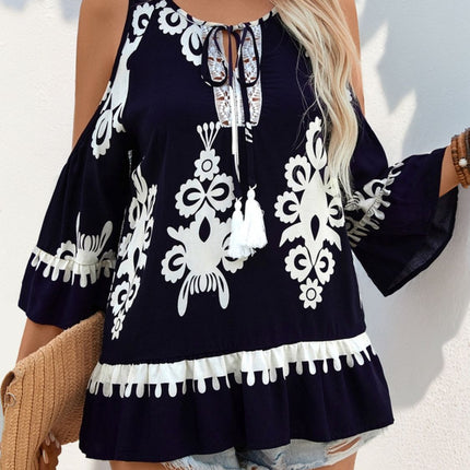 Tassel Printed Tie Neck Cold Shoulder Blouse