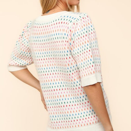 Haptics Round Neck Half Sleeve Multi Color Knit Top