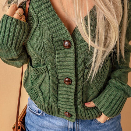 Cable-Knit Button Down V-Neck Cardigan