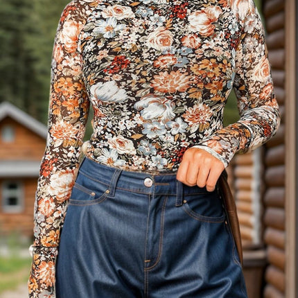 Floral Mock Neck Long Sleeve Top