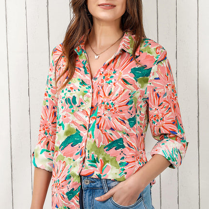 Double Take Floral Long Sleeve Collared Shirt