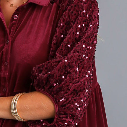 Umgee Sequin Detail Tiered Back Half Sleeve Shirt