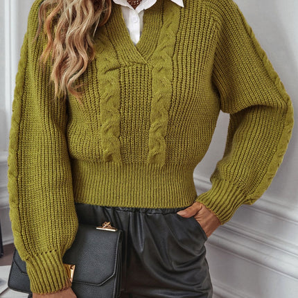 Cable-Knit Collared Neck Faux Layered Sweater