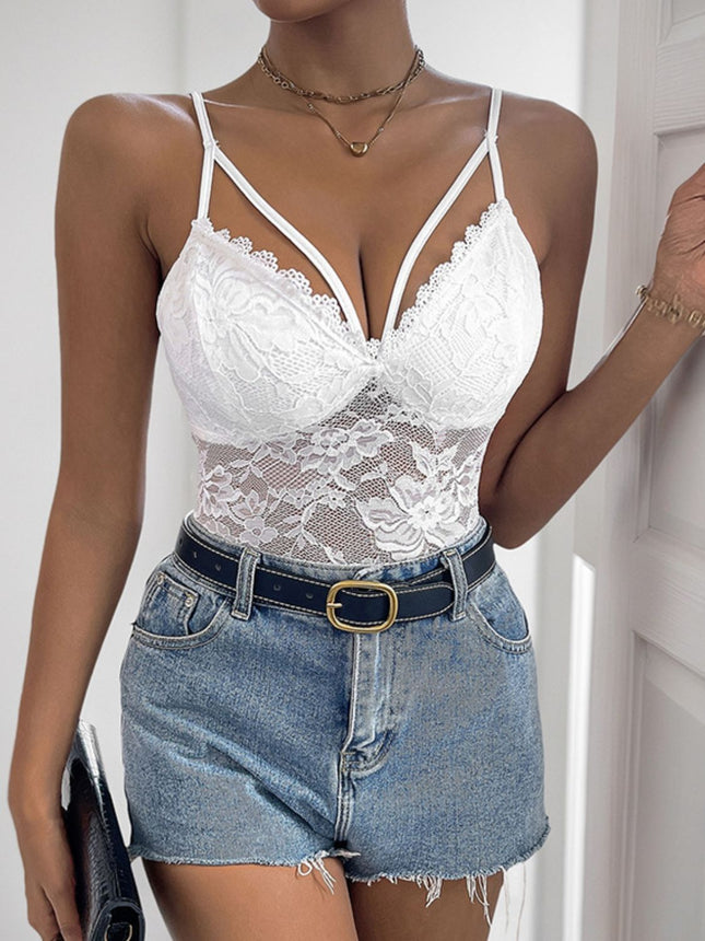 Perfee Spaghetti Strap Lace Bodysuit