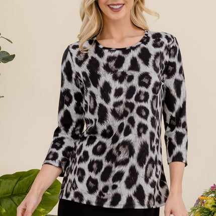 Celeste Full Size Leopard Round Neck Three-Quarter Sleeve T-Shirt