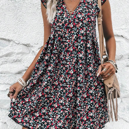 Printed V-Neck Cap Sleeve Mini Dress