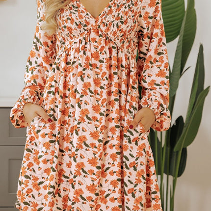 Smocked Printed V-Neck Long Sleeve Dress