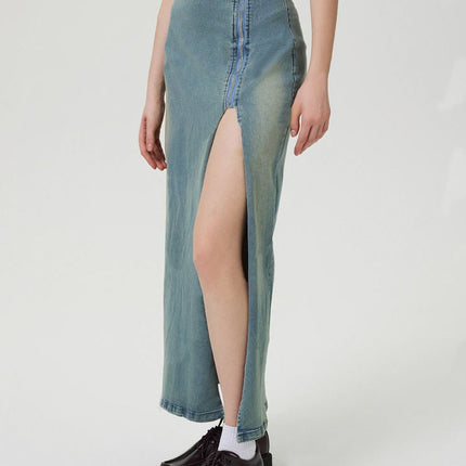 Slit Denim Skirt with Zip