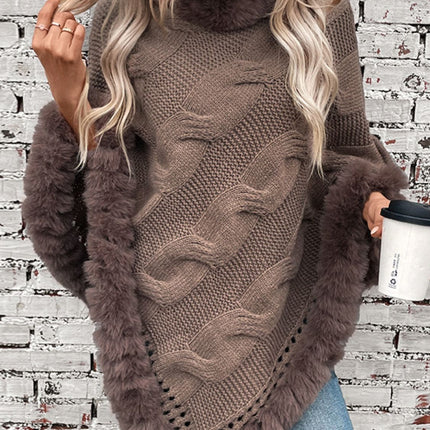 Fuzzy Hem Cable-Knit Poncho