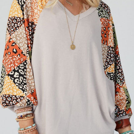 Leopard Contrast V-Neck Long Sleeve Blouse