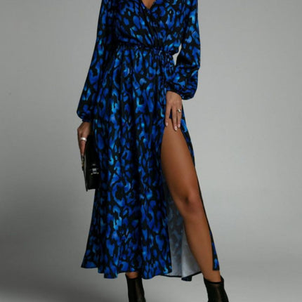 Slit Printed Surplice Long Sleeve Dress