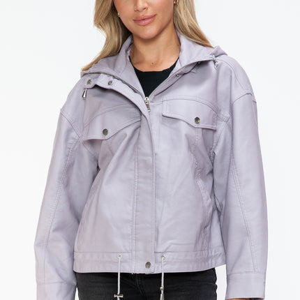 How Dare U Drawstring Hem PU Leather Zip Up Jacket