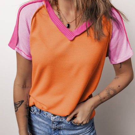 Color Block V-Neck Short Sleeve T-Shirt