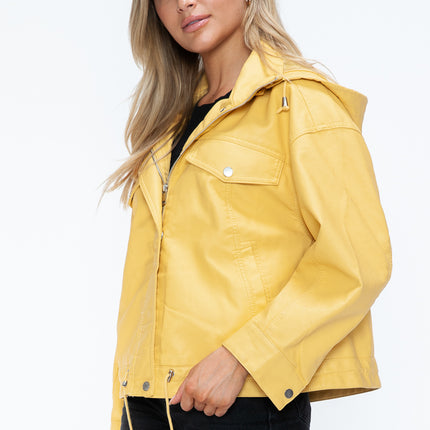 How Dare U Drawstring Hem PU Leather Zip Up Jacket