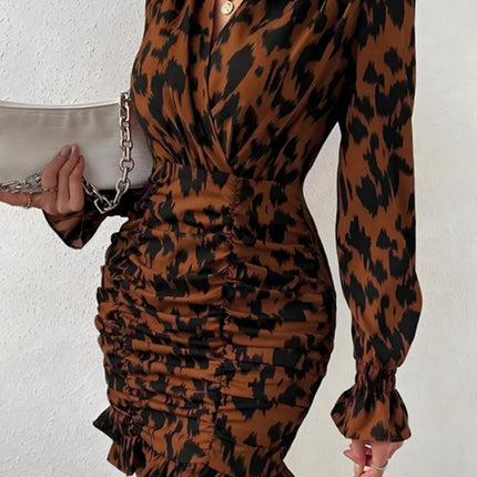 Ruched Ruffled Leopard Surplice Long Sleeve Dress