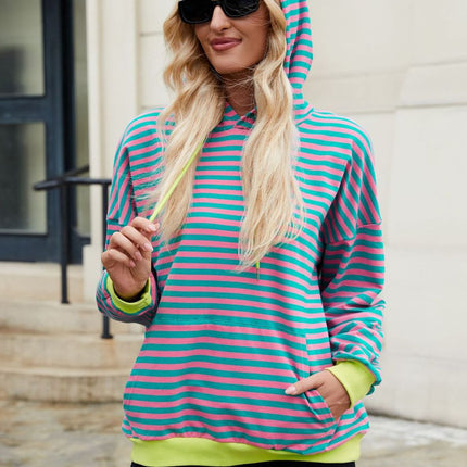 Drawstring Contrast Striped Long Sleeve Hoodie