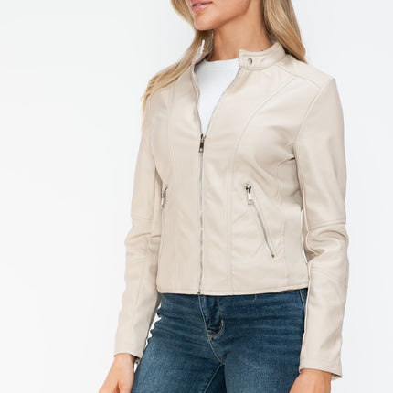 Snobbish PU Leather Zip Up Jacket with Pockets