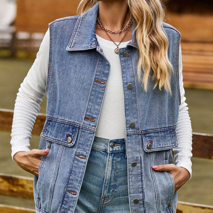 Sleeveless Collared Neck Denim Top with Pockets