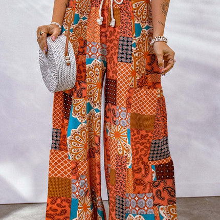 Full Size Drawstring Printed Wide Leg Pants