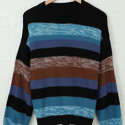 Contrast Striped Round Neck Drop Shoulder Sweater