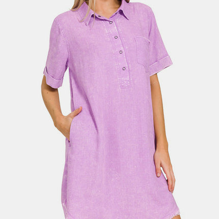 Zenana Washed Linen Raw Hem Dress with Pockets