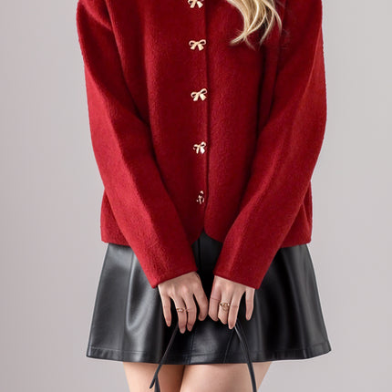 Bow Button Down Round Neck Long Sleeve Cardigan