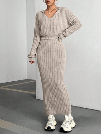 Ribbed Cropped Hooded Top and V-Neck Tank Dress Set