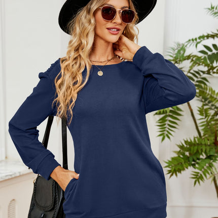 Ruched Shoulder Round Neck Long Sleeve Sweatshirt