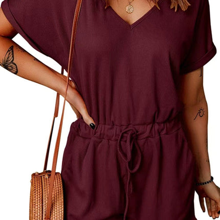 Full Size Drawstring V-Neck Short Sleeve Romper