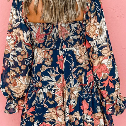 Plus Size Smocked Printed Long Sleeve Dress