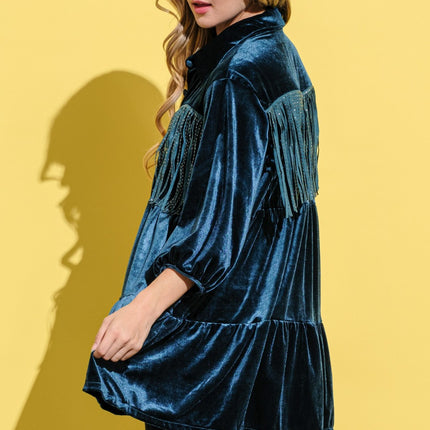 And The Why Fringe Detailed Velvet Shirt Dress