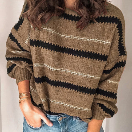 Contrast Striped Round Neck Long Sleeve Sweater